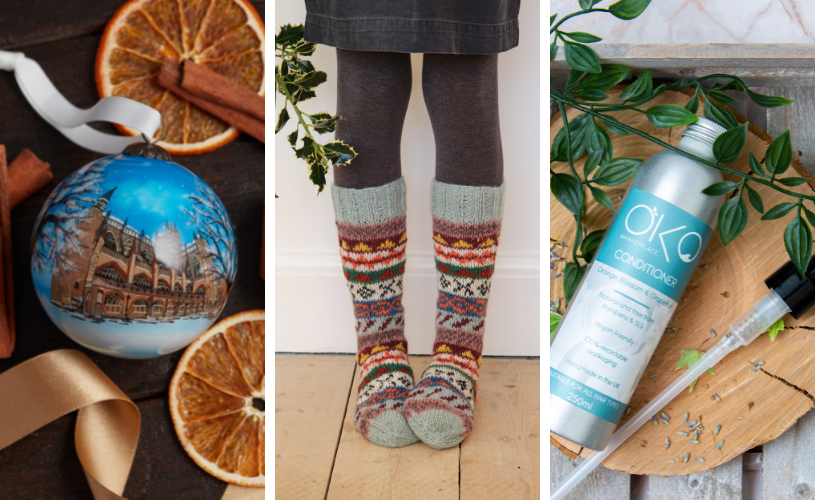 Bauble, socks and conditioner from the Virtual Bath Christmas Market